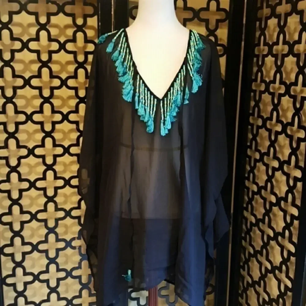 NWT BLACK GREEN SHEER TASSLE TUNIC/COVERUP Size Large